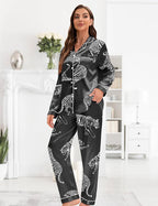 EPLAZA Silk Pajamas for Women Satin Pajamas Set 5 Pcs Long Sleeve Print Pattern Button Down Pjs Sleepwear Loungewear Set
