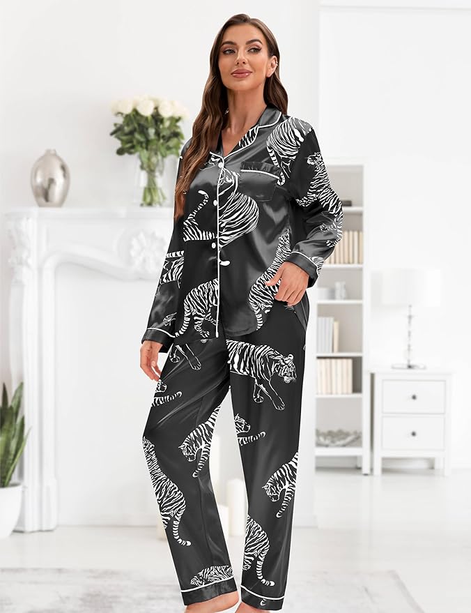 EPLAZA Silk Pajamas for Women Satin Pajamas Set 5 Pcs Long Sleeve Print Pattern Button Down Pjs Sleepwear Loungewear Set