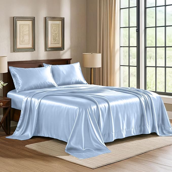 Pure Bedding Satin Sheets California King [4-Piece, Baby Blue] Hotel Luxury Silky Bed Sheets - Extra Soft Microfiber Sheet Set, Wrinkle Resistant - Deep Pocket Fitted Sheet, Flat Sheet, Pillow Cases