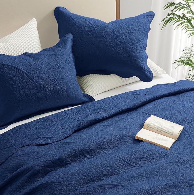 IR Imperial Rooms 8 Pack Quilt King Size Bedding (106" x 96") - Bulk Wholesale for Hotels, Guest Bedroom & Airbnbs - Lightweight Microfiber Reversible Floral Embossed Quilts Bedspreads (Navy)