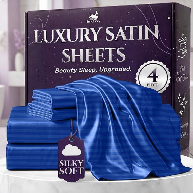 SLEEP SANCTUARY Satin Sheets Full Size – 4 Piece Luxury Silky Bed Set, Softer Than Silk, 15" Deep Pocket, Cooling & Wrinkle-Free, Moisture-Wicking & Breathable for Hair & Skin (Striped Blue)