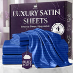 SLEEP SANCTUARY Satin Sheets Queen Size – 4 Piece Luxury Silky Bed Set, Softer Than Silk, 15" Deep Pocket, Cooling & Wrinkle-Free, Moisture-Wicking & Breathable for Hair & Skin (Striped Blue)
