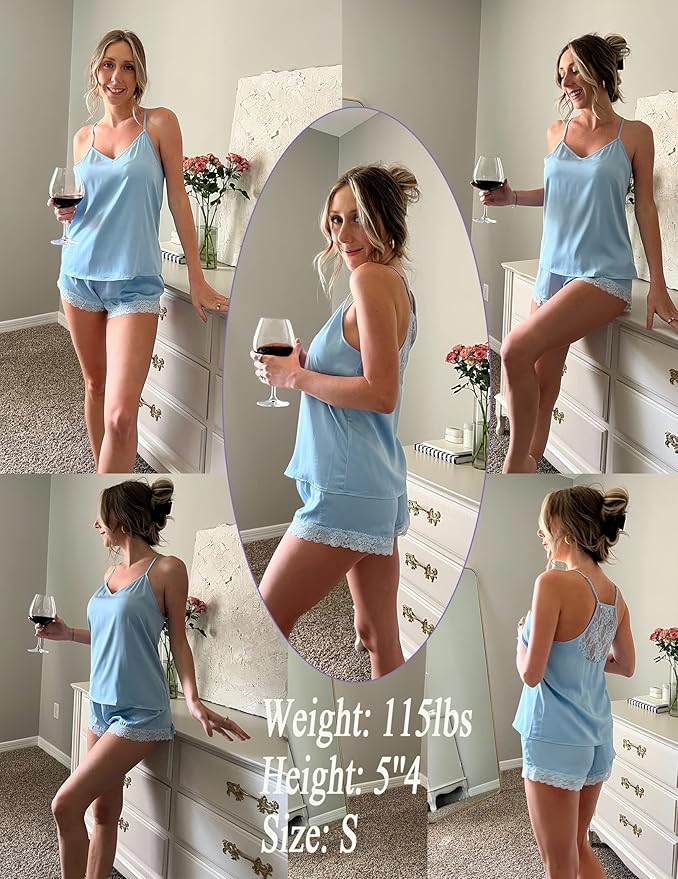 Ekouaer Satin Pajamas Women Lace Sleepwear Lingerie Cami Shorts Set Nightwear XS-XXL