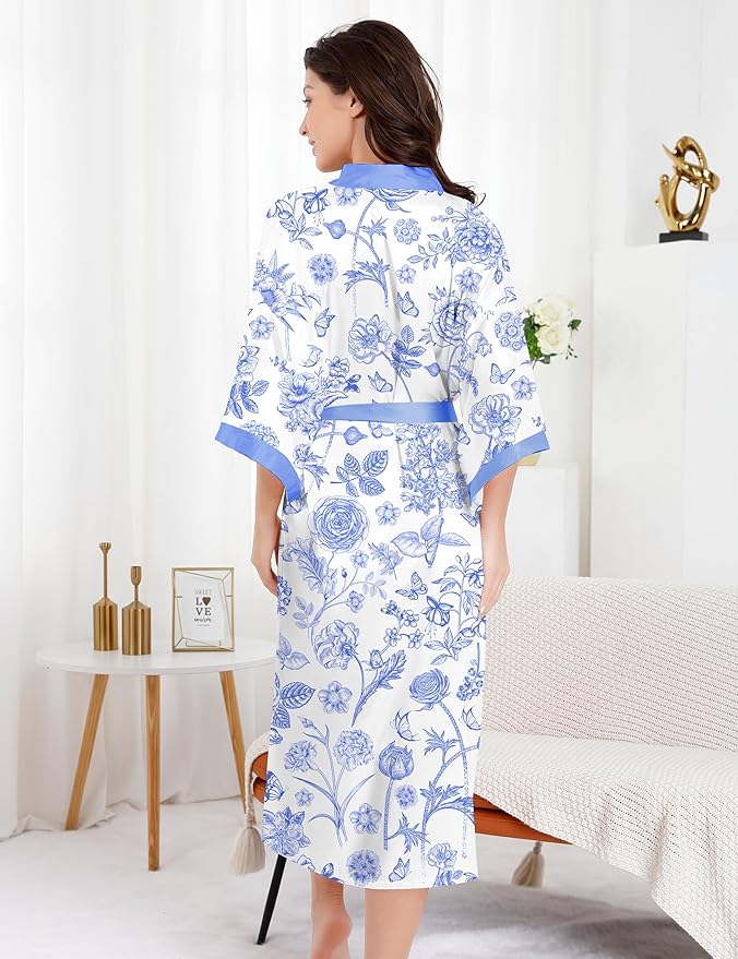 EPLAZA Silk Robes for Women Satin Robe Long Sexy Print Flower Kimono Loungewear Wedding Bridal Party