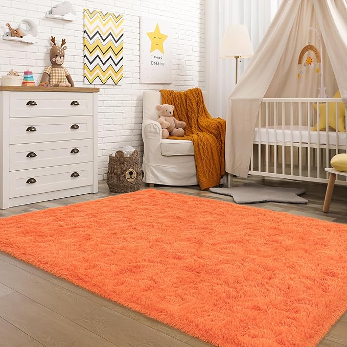 Softlife Orange Area Rug for Bedroom, Fluffy Shag Plush 4x6 Rugs for Living Room Girls, Shaggy Throw Soft Fuzzy Small Kids Carpet for Dorm Bedside Ultra Cozy Non-Slip Indoor Decor
