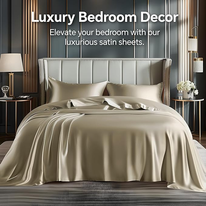 BEDELITE Satin Sheets Queen Size Bed Set, Luxury Soft Taupe Silky Sheets for Hair and Skin, Similar to Silk Bed Sheets Set 4 Pieces with 1 Deep Pocket Fitted Sheet, 1 Flat Sheet, and 2 Pillowcases