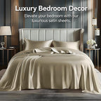 BEDELITE California King Sheets Set, Luxury Soft Taupe Satin Sheets for Hair and Skin, Similar to Silk Bed Sheets Set 4 Pieces with 1 Deep Pocket Fitted Sheet, 1 Flat Sheet, and 2 Pillowcases