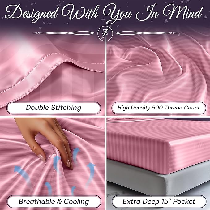 SLEEP SANCTUARY Satin Sheets Queen Size – 4 Piece Luxury Silky Bed Set, Softer Than Silk, 15" Deep Pocket, Cooling & Wrinkle-Free, Moisture-Wicking & Breathable for Hair & Skin (Striped Pink)