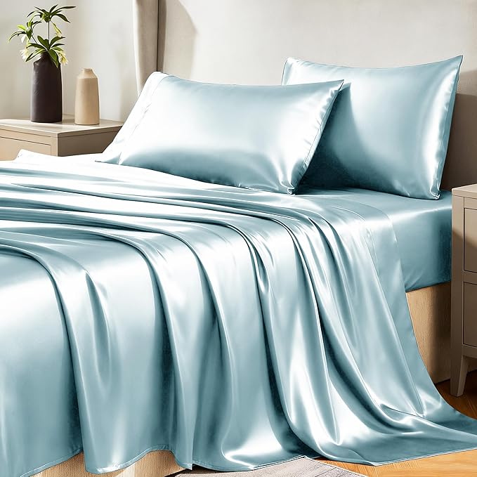 CozyLux Satin Sheets Full Size Sheets - 4 Piece Silky Full Size Bed Sheets, Luxury Light Blue Full Bed Set with Smooth and Soft Microfiber, Includes 1 Fitted Sheet, 1 Flat Sheet and 2 Pillowcases