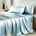 CozyLux Satin Sheets King Size Sheet Set - 4 Piece Silky King Sheets, Luxury Light Blue King Bed Set with Smooth and Soft Microfiber, Includes 1 Fitted Sheet, 1 Flat Sheet and 2 Pillowcases