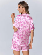 Ekouaer Womens Silk Satin Pajamas Set Animals Print Pjs Button Down Short Sleeve Lounge Set 2 Piece Sleepwear