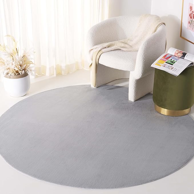SAFAVIEH Washable Rug Faux Rabbit Fur Shag Collection - 6' Round, Silver, Slip Resistant & Easy Cleaning, Ideal for Living Room, Bedroom, Kids Playroom, Nursery, Dining Space (FRF100G)