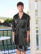 Ekouaer Mens Satin Robe Lightweight Silky Kimono Bathrobe 3/4 Sleeve Spa Knee Length Loungewear with Pockets S-3XL