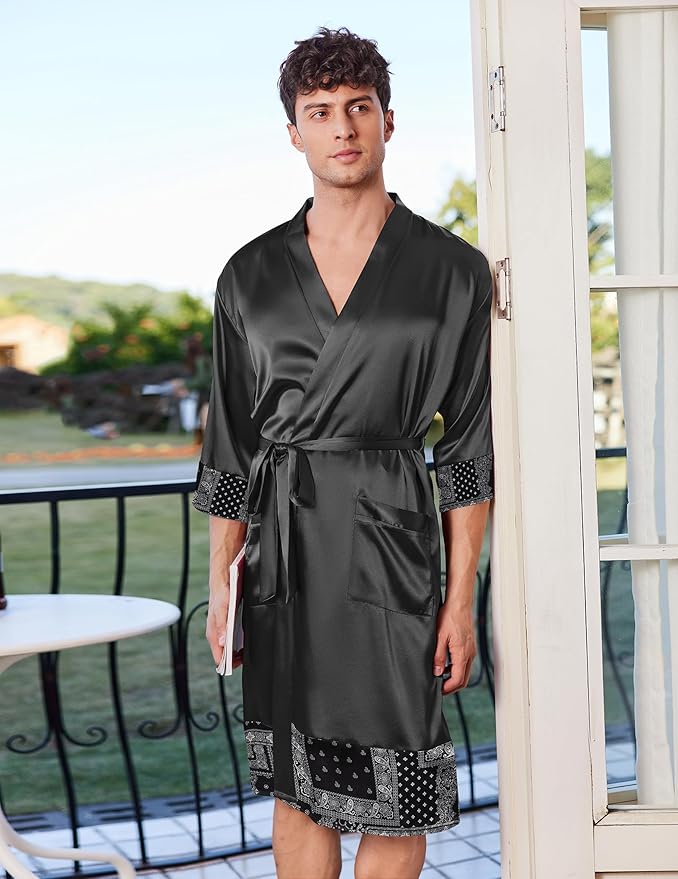 Ekouaer Mens Satin Robe Lightweight Silky Kimono Bathrobe 3/4 Sleeve Spa Knee Length Loungewear with Pockets S-3XL