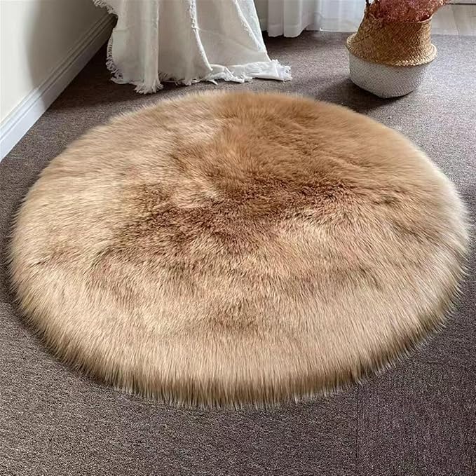 Lifup Soft Round Shaggy Rug, Faux Fur Area Rug, Fluffy Plush Carpets Circle Rugs for Living Room Fuzzy Rugs for Bedroom Under Dining Table Home Office Decor Brown 1.6x1.6 Feet