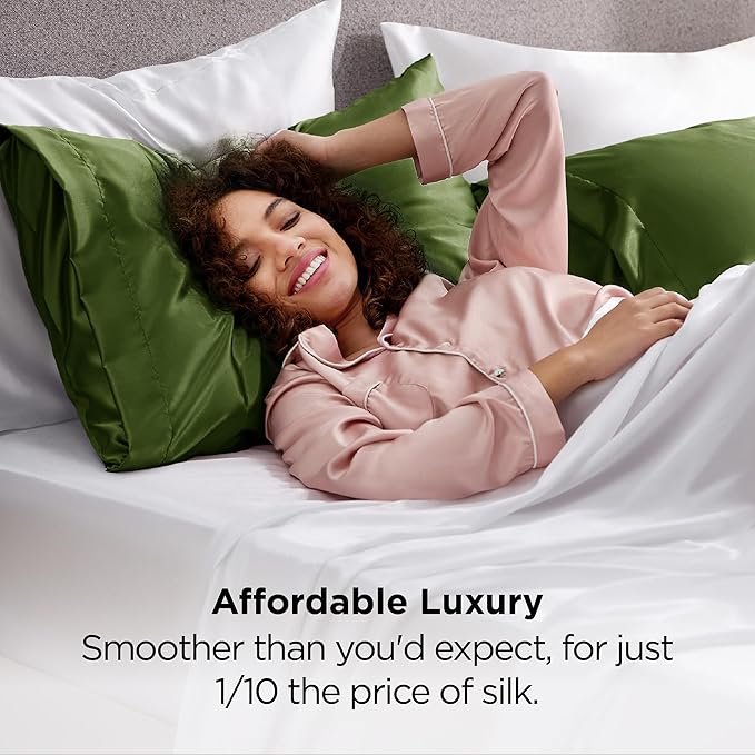 Bedsure Satin Pillowcase for Hair and Skin Queen - Moss Silky Pillowcase 2 Pack with Envelope Closure, Similar to Silk Pillow Cases, Olive Green Decor Gifts for Women Men, 20x30 Inches, 2pcs