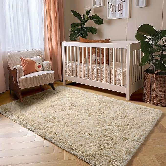 Amdrebio Beige Area Rugs for Bedroom Kids Room, Fluffy Plush Shaggy Furry Fuzzy Rug 4x6 for Living Room Decor Aesthetic, Soft Cute Shag Neutral Tan Carpet for Teens Baby Nursery Playroom Preppy Dorm