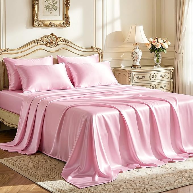 Love's cabin Satin Queen Sheets Set - 6 Piece Pink Silky Bed Sheets Set with Deep Pocket, Luxury Silk Feel Satin Queen Size Sheet Set (1 Flat Sheet, 1 Fitted Sheet, 4 Pillow Cases)