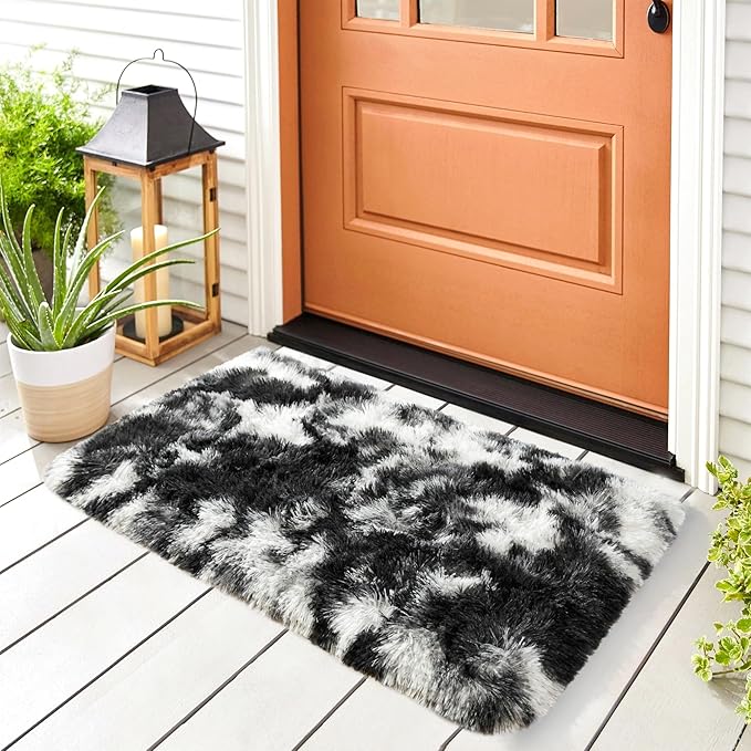 Noahas Door Mat Indoor Entrance,2x3 Shaggy Small Tie-Dyed Black and White Area Rugs for Entryway,Non-Slip Fluffy Entry Bedroom Rug,Soft Plush Bedside Throw Kids Carpet