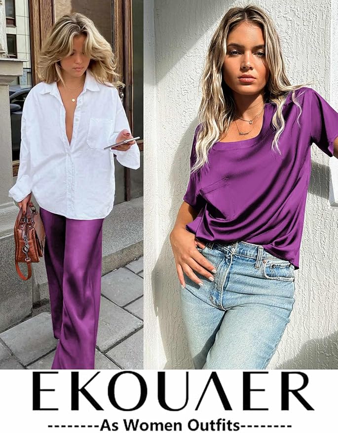 Ekouaer Womens Satin Silky Pajama Set Short Sleeve Shirt with Long Pajama Pant Set Soft PJ Loungewear