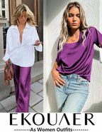 Ekouaer Womens Satin Silky Pajama Set Short Sleeve Shirt with Long Pajama Pant Set Soft PJ Loungewear