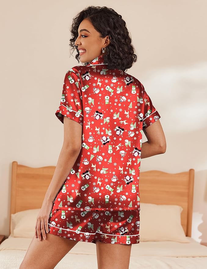 Ekouaer Silk Pajamas for Women Short Sleeve Sleepwear Soft Button Down Loungewear 2 Piece Satin Pjs Shorts Set