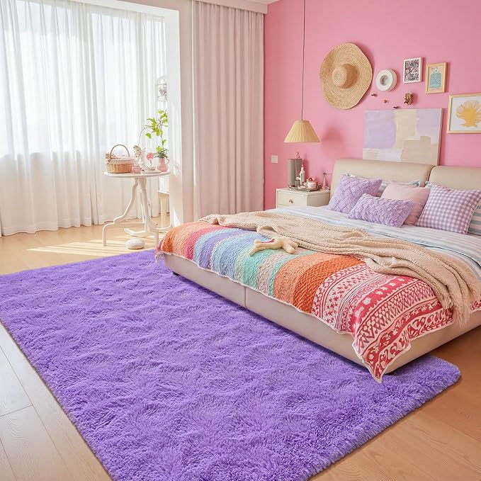 junovo Purple Washable Area Rug for Boys Bedroom Living Room, 4x5.3 Soft Non-Slip Fluffy Rugs, Shag Plush Memory Foam Carpet for Kids Room Baby Nursery Home Decor