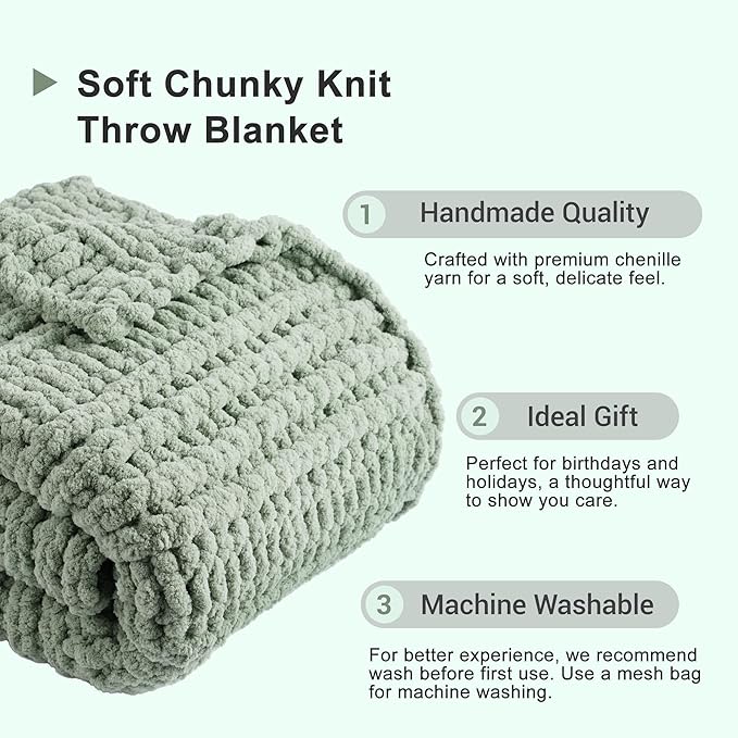 Battilo Chunky Knit Blanket Throw，Sage Throw Blanket for Couch, Thick Warm Soft Cozy Knitted Chenille Throw Blanket for Sofa, Bed, Living Room, 50"x60"