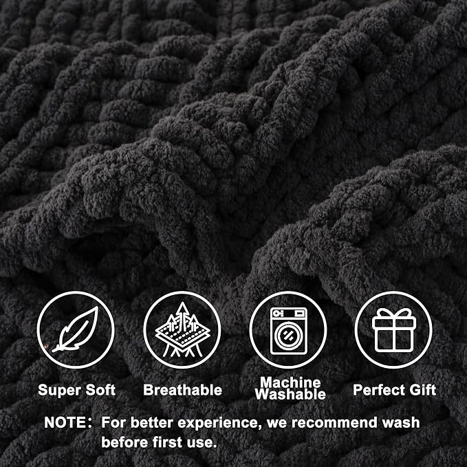 Battilo Chunky Knit Throw Blanket for Couch, Dark Grey Chenille Throw Blanket Thick Warm Cozy Soft Cable Knitted Blanket for Sofa,Bed, Living Room, 50"x60"