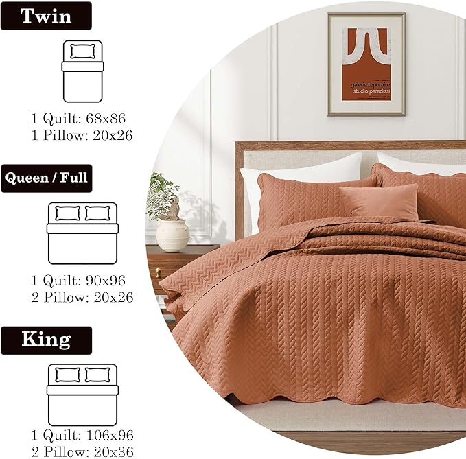 IR Imperial Rooms Queen Quilt Bedding Set Size (90" x 96") + 2 Pillow Shams (20" x 26"+ 2") - 3 Pcs All Season Lightweight Reversible Microfiber Coverlet Embossed Quilt Bedspread (Rust)