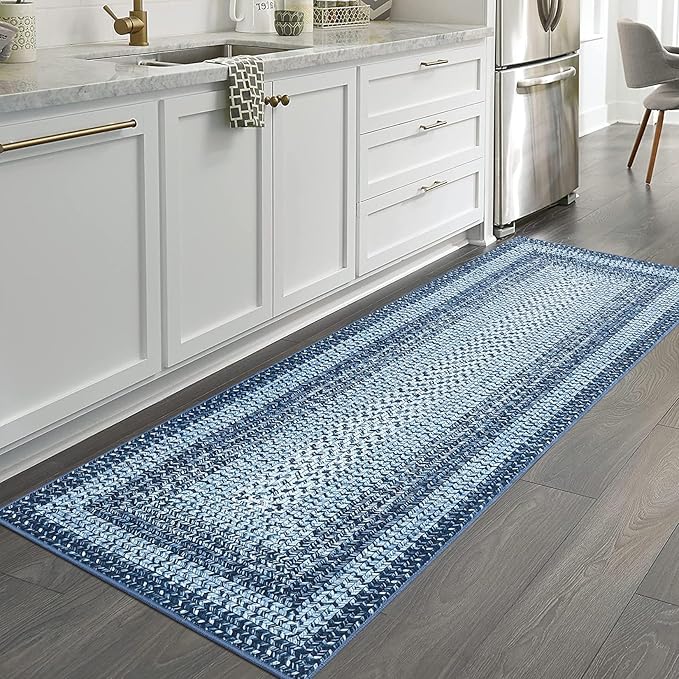 RUGSREAL Runner Rug 2x8 Machine Washable Hallway Runner Rug Entryway Long Runner Carpet Braided Printed Throw Mat Non Slip Kitchen Mat Living Room Rustic Carpet for Bedroom Dining Room, Blue