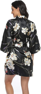 Women's Floral Satin Robes Bride Bridesmaid Getting Ready Robe Short Silky Kimono Sleepwear for Wedding Party