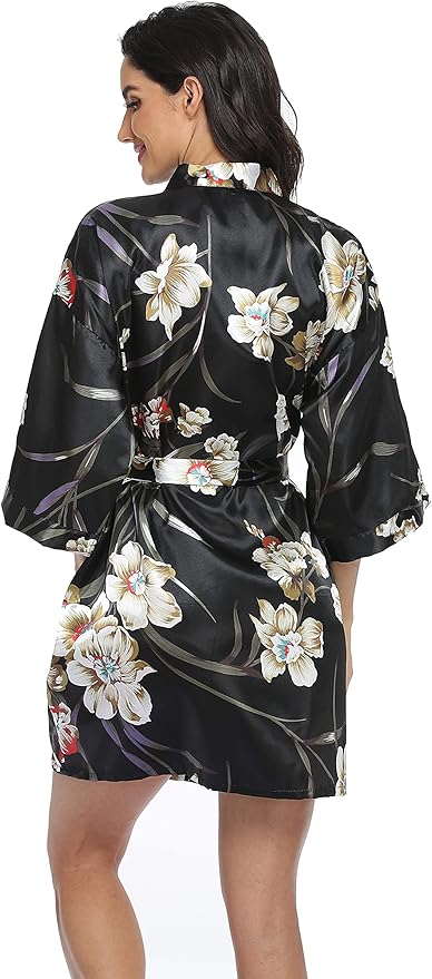 Women's Floral Satin Robes Bride Bridesmaid Getting Ready Robe Short Silky Kimono Sleepwear for Wedding Party