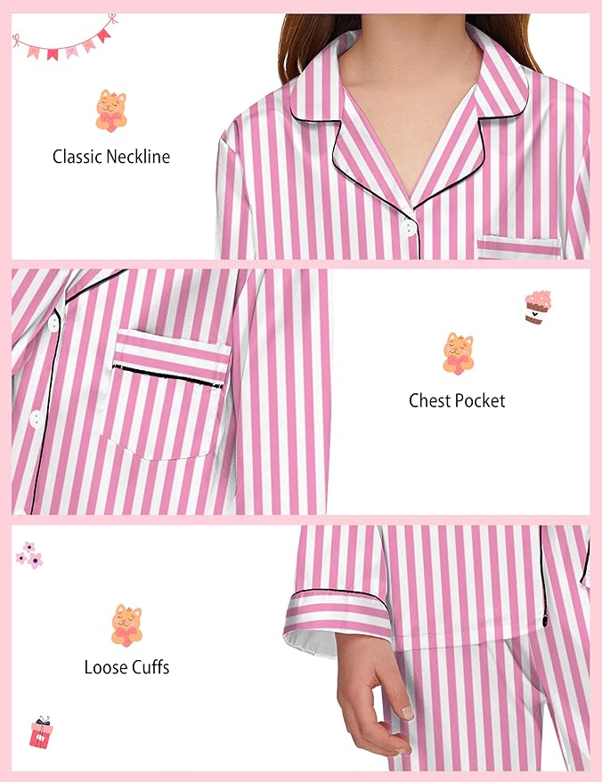 EPLAZA Kids Satin Pajamas Sets Girls Boys Button-Down Silky Pajamas Sleepwear with Hairband Eye Mask Hair Tie