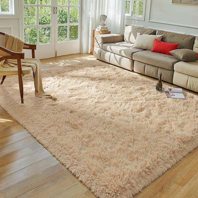 Softlife Beige Area Rug for Bedroom, Fluffy Shag Plush Rugs for Living Room Girls, Shaggy Throw Soft Fuzzy Small Kids Carpet for Dorm Bedside Ultra Cozy Non-Slip Indoor Decor, 4x5.3 Feet