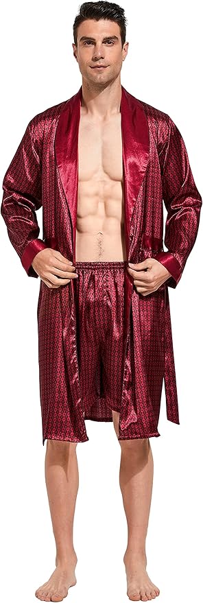 Tony & Candice Men's Satin Robe Lightweight Long Sleeve Silk Kimono Bathrobe with Shorts Set Sleepwear