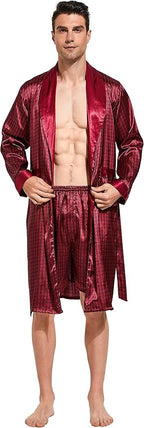 Tony & Candice Men's Satin Robe Lightweight Long Sleeve Silk Kimono Bathrobe with Shorts Set Sleepwear