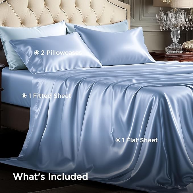Bedsure Satin Sheets King Size - 4 Piece Silky Bedsheets with 15 Inches Deep Pocket Fitted Bedsheet,1 Flat Sheet, 2 Satin Pillowcases, Good for Hair & Skin (King, Sky Blue)