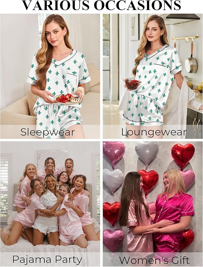 Silk Pajamas for Women Short Sleeve Satin 2 Piece Pj Set Soft V Neck Sleepwear Loungewear, S-XXL