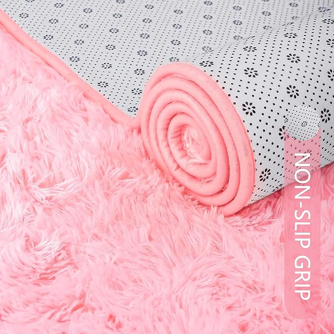 ISEAU Fluffy Runner Rug for Bedroom Dorm, College, Apartment, Plush Area Rugs, Shag Carpet with Rubber Backing Non Slip, Comfy Nursery Mat Bedside Mats for Girls Kids Room Home Decor, 2ft x 6ft, Pink