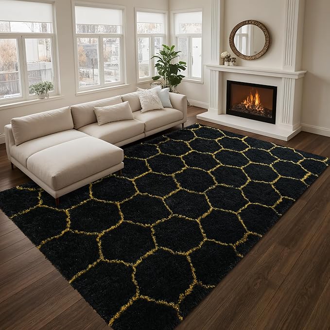 Fluffy 4x6 Area Rugs for Bedroom Living Room,Thick Shag Throw Floor Carpet,Soft Shaggy Bedside Non-Slip Rug Black Gold