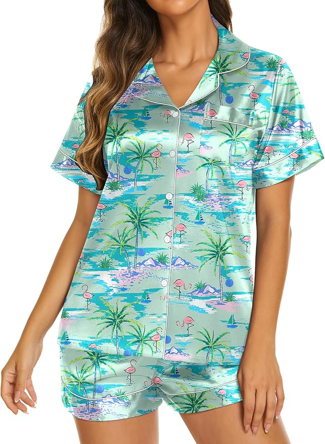 Ekouaer Silk Pajamas for Women Short Sleeve Sleepwear Soft Button Down Loungewear 2 Piece Satin Pjs Shorts Set