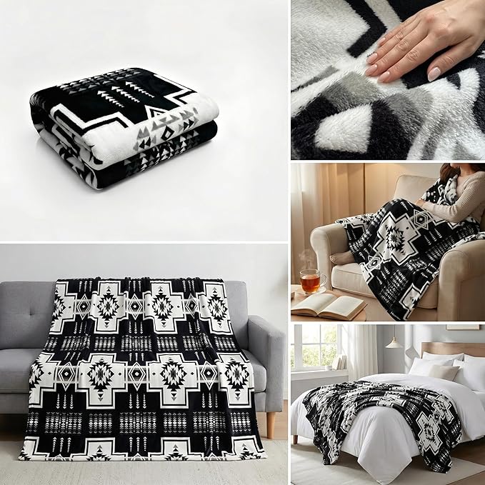 Fleece Blanket King - 104x90 Inch Lightweight & Buttery-Soft Throw for Bed, Sofa, Camping | 300GSM Cloud-Touch Microfiber | Cozy Essentials for Travel & Movie Nights, (Boho Black White)