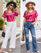 Ekouaer Silk Pajama for Women Short Sleeve Satin Pj Set Two Piece Soft Sleepwear Loungewear, S-XXL