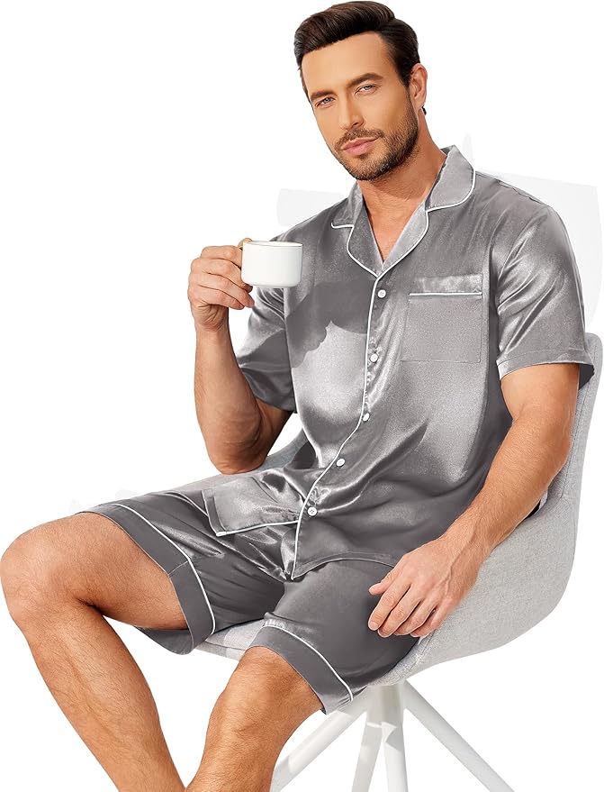 Ekouaer Mens Pajamas Set Silk Satin Sleepwear Short Sleeve Button Down Pjs Set 2 Piece Loungewear with Pockets S-XXL