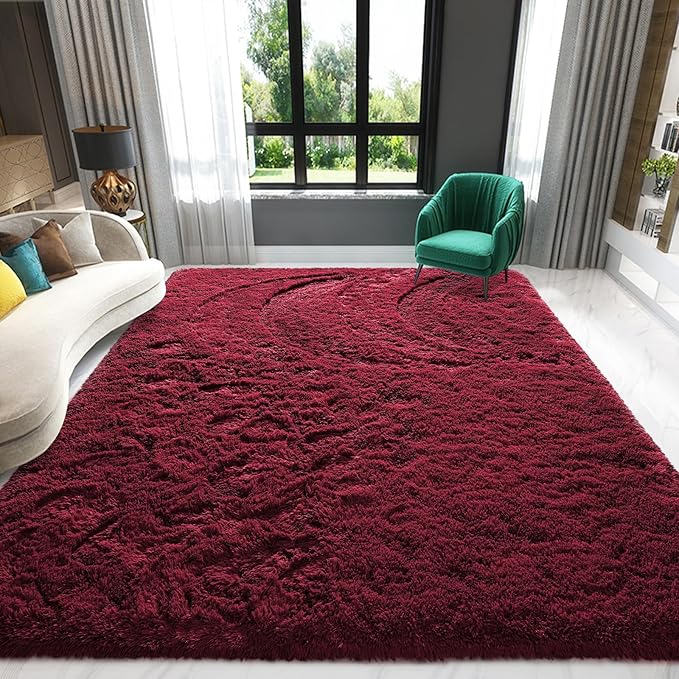 Burgundy Red Area Rug 6x9 Large Rugs for Living Room Bedroom, Fluffy Soft Rug Modern Carpets for Kids Room, Non-Skid Rectangular Indoor Cute Rug for Girls Boys Nursery Room Home Decor