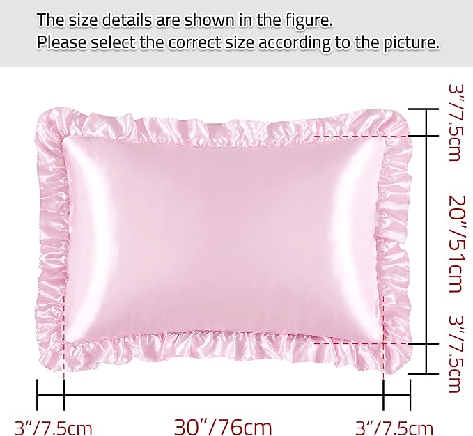 Silky Satin Ruffled Pillow Cases for Hair and Skin,Pink Silk Pillowcases Queen Set of 2 with Envelope Closure Princess Room Decoration