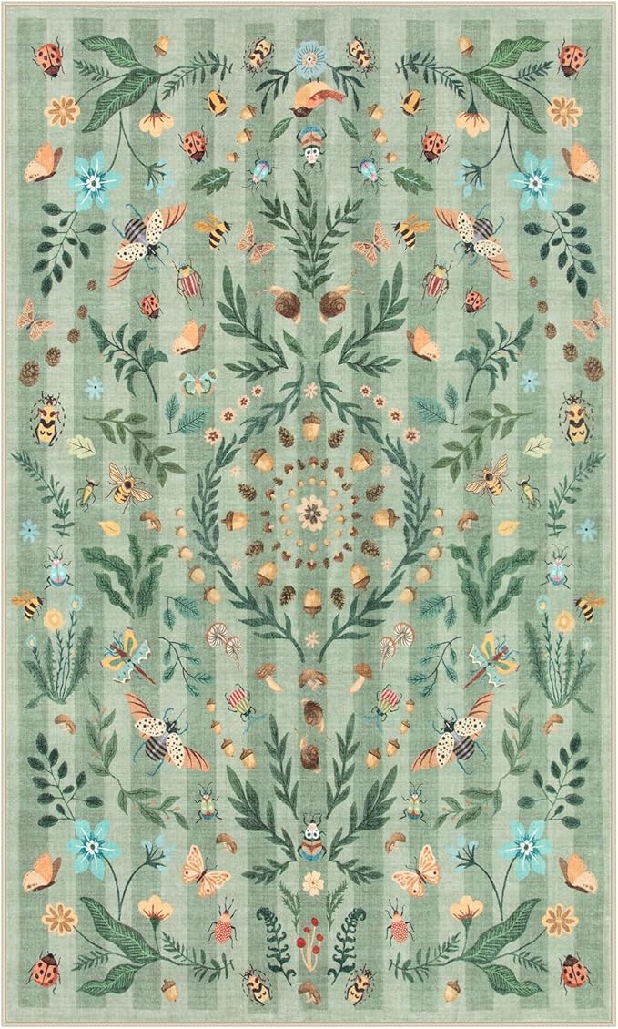 Lahome Chloe Insect Botanical 3x5 Washable Rugs for Entryway Soft Rug for Bedroom, Green Kitchen Rugs Non Slip Washable, Boho Floral Indoor Throw Carpet for Bathroom Laundry Living Room(Green,3x5)