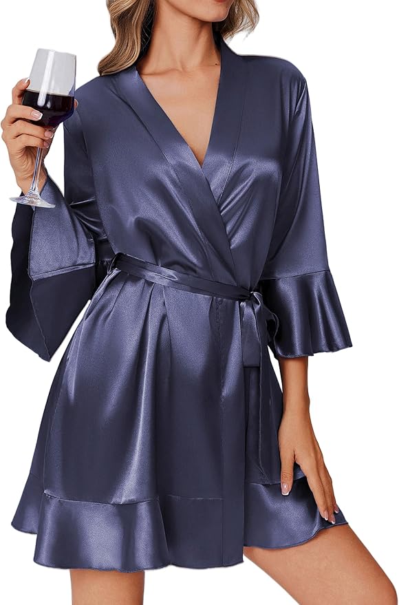 Ekouaer Women's Satin Robe Short Ruffle Hem Silky Robes Lightweight Kimono Brides Bathrobes Sleepwear XS-XXL