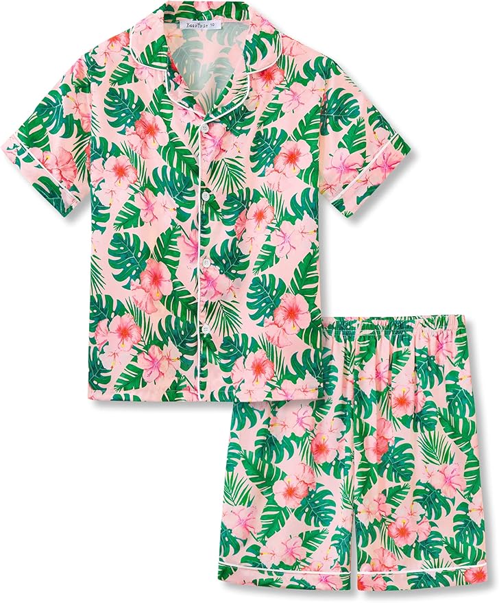 Beezizac Little & Big Girls Satin Silky Button Pajama Summer Short Sleeves Set Trendy Outfit Kid Size 6-16
